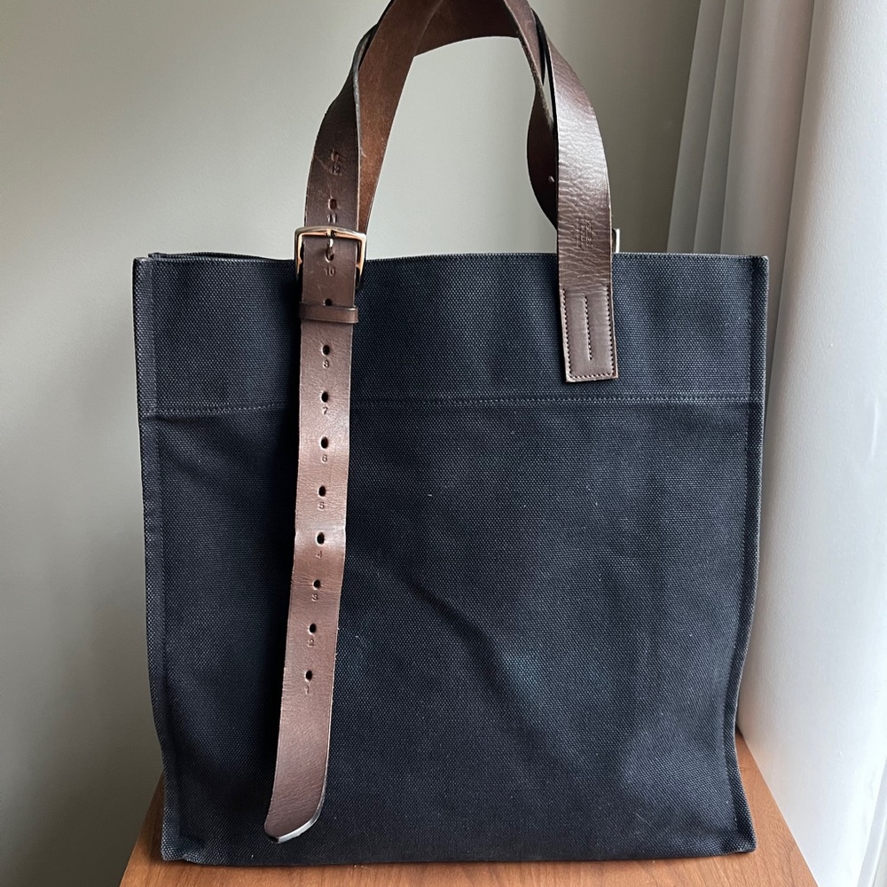 Hermes Etriviere Shopping Navy Canvas Shoulder Tote with Brown Leather Straps